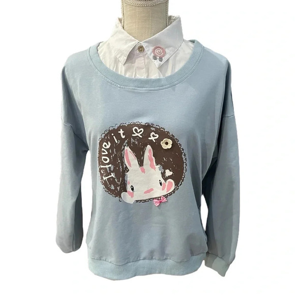 Packitcute Bunny Rabbit Blue White Collared Sweater Women’s size One Size - Picture 1 of 11